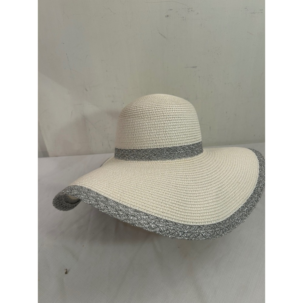 Cruise Club Sun Hat OS White Silver Glitter Trim Wide Brim Floppy Women